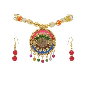 Traditional Ethnic Beaded Necklace Set with Multicoloured and Floral Pendant