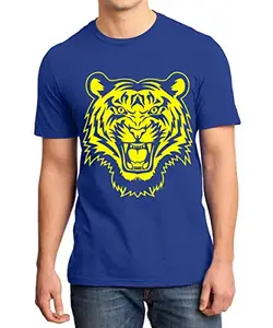 Caseria Men's Round Neck Cotton Half Sleeved T-Shirt with Printed Graphics - Tiger Sketch (Royal Blue, L)