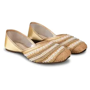JM LOOKS Stylish Embroidered Jutti For Women/Girls | Embellished Stone Work Jutti | Wedding Bellies | Women Ethnic Shoe Traditional Mojari | Kolhapuri/Jaipuri/Punjabi Jutties | (Gold, 41)