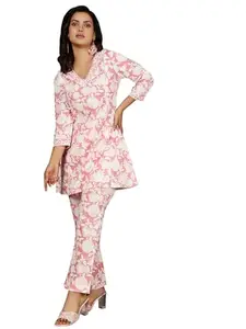 Gulmohar Jaipur Women's Cotton Short Printed Straight Kurta Bottomwear Set(GUL392SETPINK_3XL, Pink, 3XL)