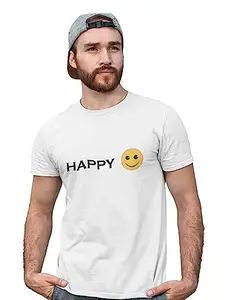 Bag It Deals Written Happy Text with Emoji T-Shirt (White) - Clothes for Emoji Lovers - Suitable for Fun Events - Foremost Gifting Material for Your Friends and Close Ones