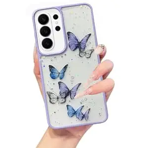 VONZEE for Samsung Galaxy S26 Ultra Clear Glitter Butterfly Case, Cute Bling Sparkle Shiny Soft Silicone TPU Bumper Shockproof Women Girls Slim Protective Phone Cover, Purple