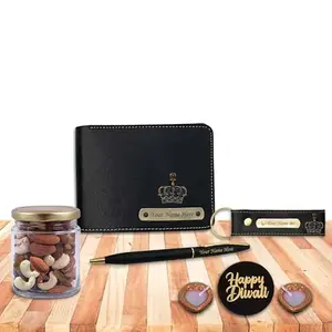 SAVRI Personalized Diwali Set – Men’s Wallet with Name & King Charm, Engraved Pen & Custom Leather Keychain with Customized Name | Premium Gift for Husband,Father,Employees & Corporate Gifting(Black)