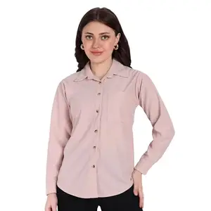 FNOCKS Women's Solid Shirt Collar with Front Button Closur Full Sleeves Perfect Casual and Office Wear Shirt with Pocket for Women (Medium, Peach)