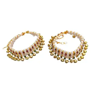Gold Plated Kundan Anklet with Ruby, Pearl, and Emerald Stones, ams53
