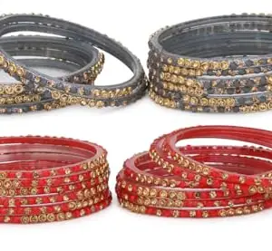 Somil Combo Of Party & Wedding Colorful Glass Bangle/Kada, Pack Of 24, Gray & Red