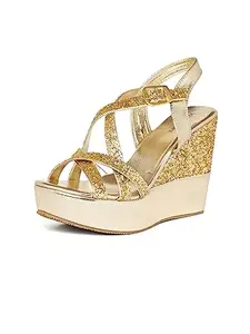 Marc Loire Women's Shimmer Wedges High Heels Fashion Sandals (Golden, 5)