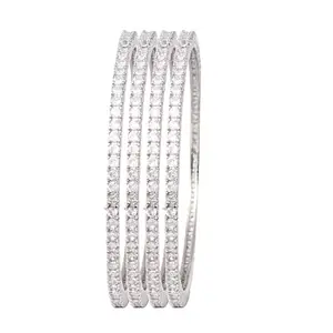 Blulune American Diamond CZ Silver Plated Bangle Jewellery for Women and Girls (Pack of 4)