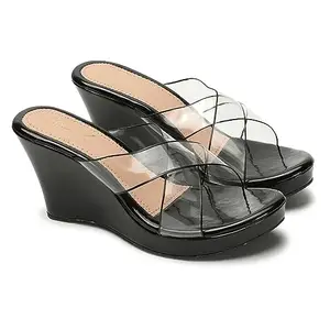 DIPYO Fancy Casual Transparent Platform Wedges Heel Sandal For Women & Girls | (Black, 41)