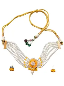 A V FASHION INDIA - Stylish Choker Traditional Crystal & Pearl Zarkan With Earring Necklace Set Fancy Designer Jaipuri 5 Layer Choker Set for Women and Girl Yellow Colour