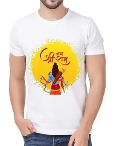 Jai Shri Ram Printed T-Shirt, Cotton Round Neck, White with Yellow Design, Religious Graphic (in, Alpha, S, White)