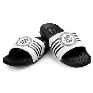 Kickstyle Latest Comfortable Light Weight Casual Durable Black and White Sliders with Striped Design for everyday wear , Extra Soft and Doctors Recommended Anti Skid Sole Comfort Slippers (BLACK, UK Footwear Size System, Adult, Men, Numeric, Medium, 7)