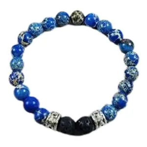 Lady Works Natural Black Lava & Blue Sea Sediment Jasper 8mm Round Shape Smooth Cut Beads 8 Inch Stretchable Bracelet For Men & Women. Unisex Bracelet For Healing, Meditation & Luck|LW_BRST_01276_8.0