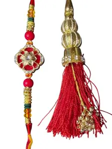 Handmade Rakhi For Brother and Bhabhi Couple Lumba Set of 2 for Rakshabandhan, Combo Pair stone Kundan For Men,Bhai, Women Girls