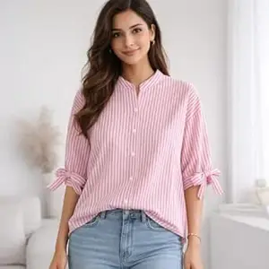 Women Striped Cotton Top, Regular Fit, 3/4 Sleeve, Casual Daily and Office Wear