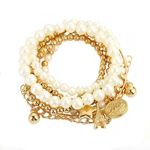 Jewels Galaxy Gold Plated Pearl Studded Multistrand Korean Bracelet For Women and Girls (CT-BNG-49162)