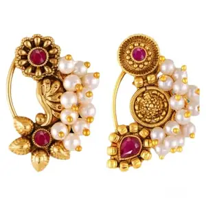 Vivasri s Premium & Unique Pearl Beaded White Moti Studded Gold Plated Alloy Colourfull Nosepin For Women & Girls-VIVA1168-1180NTH-Press-Red