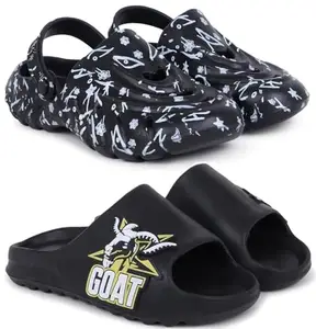 Pampy Angel Combo Pack of 2 Slipper/Flip Flops/Slides/Clogs/Sandals with Adjustable Back Strap for Men,(Cl-N11-Black,Y-To-Goat-Black),10 (UK/India)