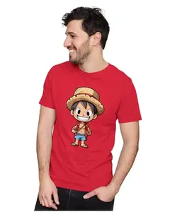 ALLEN BLACK Men's & Women's Regular Fit T-Shirt Chibi Luffy Smiling Pose 100% Cotton Unise T-Shirt Red_MONKYUNX-Red L Men Round_