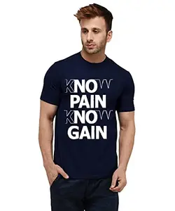 Caseria Men's Round Neck Cotton Half Sleeved T-Shirt with Printed Graphics - Know Pain Gain (Navy Blue, SM)