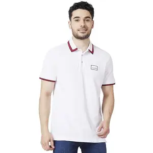Spykar Men White Cotton Slim Fit Half Sleeve Polo Neck Plain Tshirt