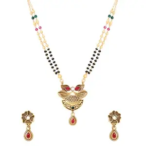 I Jewels Gold Plated Traditional Studded Pendant & Black Bead Chain Mangalsutra With Earrings For Women (D125)