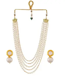 Mansiyaorange Gold Plated Creame Pearls Kundan Beaded layered Necklace Jewelry Set