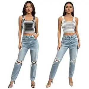 SriSaras Women's Black & White Cotton Strechable Tank Tops/Crop Tops