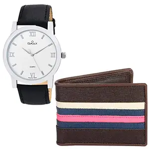 OMAX Analog White Dial Watch Leather Wallet Combo Pack for Men