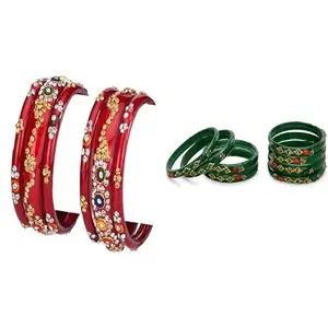 Somil Combo Bangle Set For Women | Traditional Daily Bangles | Perfect For Parties & Functions, Pack Of 14, Red, Green -D442