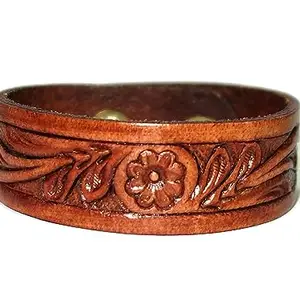PRERNA Top Grain Leather Bracelet, 2 cm Wide, 23 cm Length Wrist Band, Hand Tooled, Tan with 2 Buttons