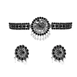 Yellow Chimes Yellow Chimes Ethnic German Silver Oxidised Black studded stones Peacock Design Choker Necklace Set Traditional Jewellery Set for Women and Girls, Medium (YCTJNS-55PCKSTN-BK)