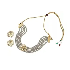 A V FASHION - Choker Traditional Crystal Necklace Set Fancy Designer Jaipuri 5 Layer Choker Set for Women and Girl Grey Colour