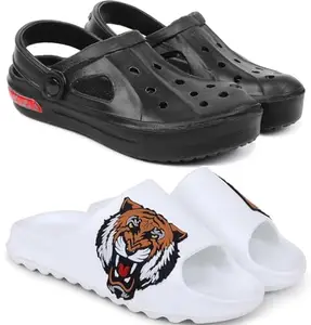 Pampy Angel Combo Pack of 2 Slipper/Flip Flops/Slides/Clogs/Sandals with Adjustable Back Strap for Men,(Cl-Tube-Black,Y-To-Sher-White),10 (UK/India)