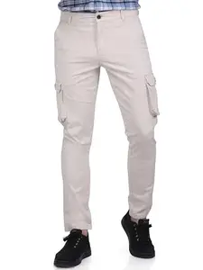 USMC Mens Slim Fit Cotton Blended Solid Casual Comfortable Trouser, Cargo Pants (Beige_Size-34)-UM1CCG1A01CC
