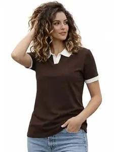JUNEBERRY® Women’s Regular Fit Lycra Polo T-Shirt with V- Neck Plain Collar Design, Lycra Fabric for All-Day Comfort and Easy Everyday Styling (Sizes S to 2XL)