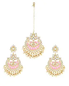 LIVE EVIL Maang Tikka With Earrings Set Seagreen Beads Gold Plated Kundan & Pearl Earring Set with Maang Tikka for Women Kundan Pearl Drop Fashion Jewellery For Girls