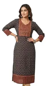 TOUCH OF KUTCH Cotton Ajrakh Kurti, Traditional Block Print Design, V-Neck, 3/4 Sleeves, Black and Maroon