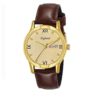 Highend Day & Date Functioning Synthetic Leather Brown Round Dial Lightweight Boys and Men Hmts Quartz Analog Wrist Watch - for Men