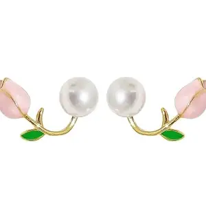 Pink Flower Earrings Tulip Flower Stud Earrings for Women Pearl Flower Earrings Ear Cuff Flower Earrings Gifts for Women Girls