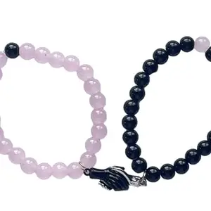 Themarvel Store Magnetic Hand Charms Beaded Bracelets - Set of 2, Pink & Black Beads, Hand Charms with Magnetic Connection