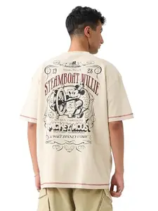 The Souled Store Mickey Mouse: Steamboat Men and Boys Short Sleeves Round Neck Beige Graphic Printed Cotton Oversized T-Shirts