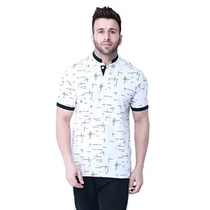 WILD WEST Mens Mandarin Collar White All Over Printed Half Sleeve Tshirt for Men (AA)
