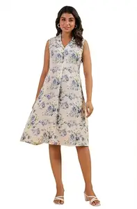 Janasya Women's Off White Linen Cotton Floral Printed A-line Dress (JAC25DR02155-2XL)