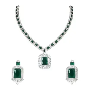 I Jewels Silver Plated Stylish Design Crystal Diamond Necklace & Earrings Jewellery Set for Women (Silver green)