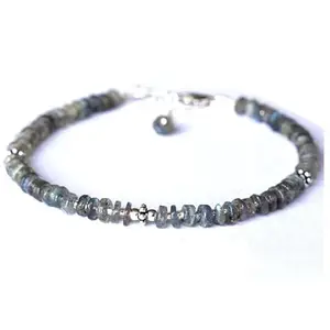 LKBEADS Silver Plated Bracelet with Grey Smooth Labradorite Beads – Rondelle 3-3.5mm – 7 inch Adjustable – For Men & Women|LK_STACK_04081