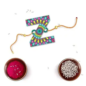 Bhai Please Alphabet Z Name Letter - Rakhi for Brother/Boys/Bhai/Bhaiya/Kids | Set of 1 pc with Roli/Kumkum | Beautiful Designer Wooden Charm Rakhi Set| with Raksha Bandhan Card