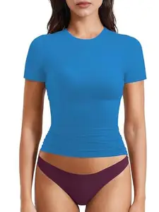 THE BLAZZE Womens Short Sleeve Scoop Neck Basic Crop Top Summer Fitted Teen Tee Shirt Blouses for Girls B9 NK_1120 (4XL, TBL)