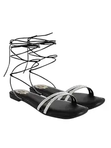 Shoetopia Stylish Ankle Wrap Flat Sandals For Women And Girls Black EU42