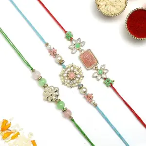 Karatcart Set of 3 Handmade Pink Carved Stone Floral Kundan Rakhis for Brother with Roli & Chawal
